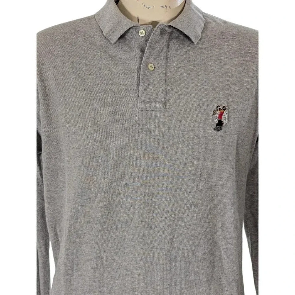 VTG Polo Ralph Lauren Ski Polo Bear Gray Rugby Shirt Cotton Pique Sz L EUC
